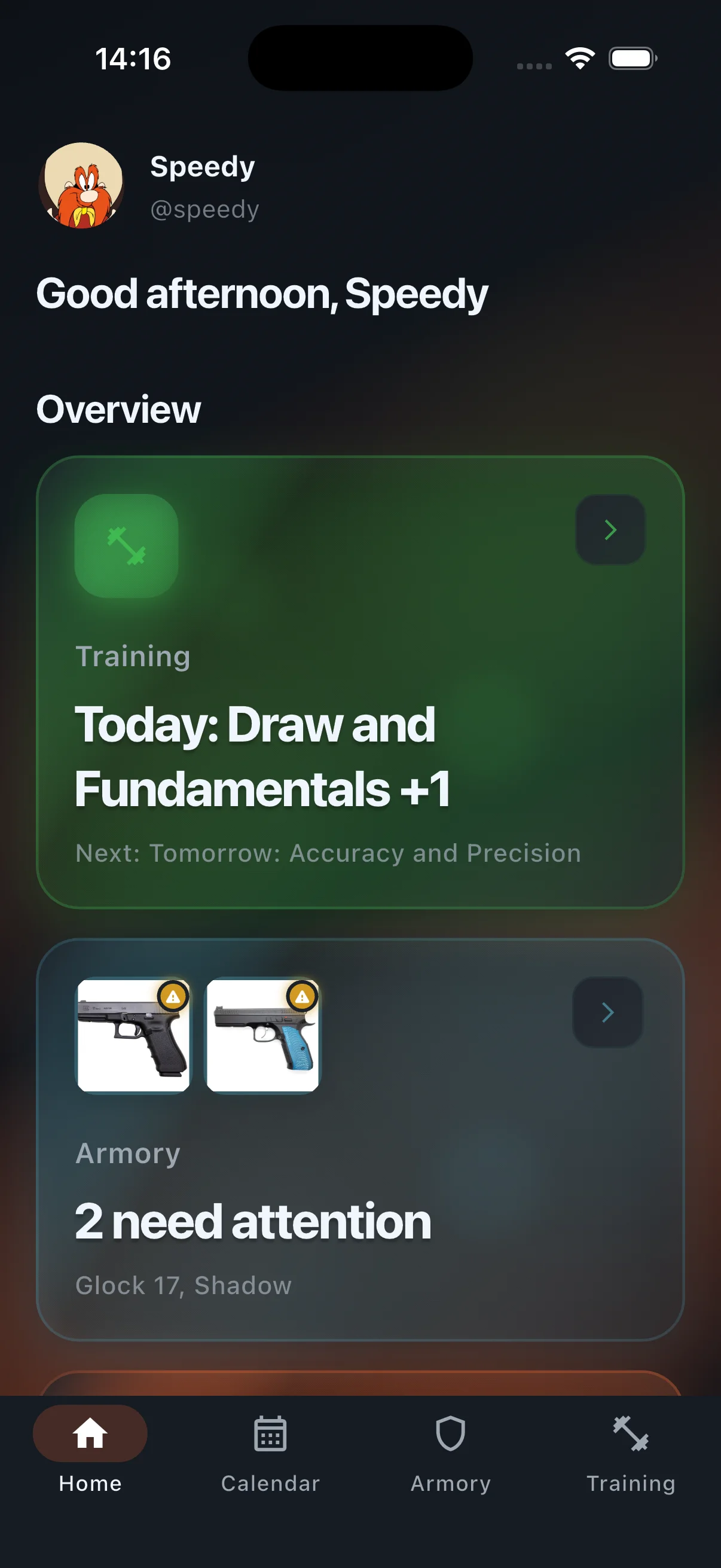 Ranger app home screen showing training dashboard with skill progress and upcoming sessions