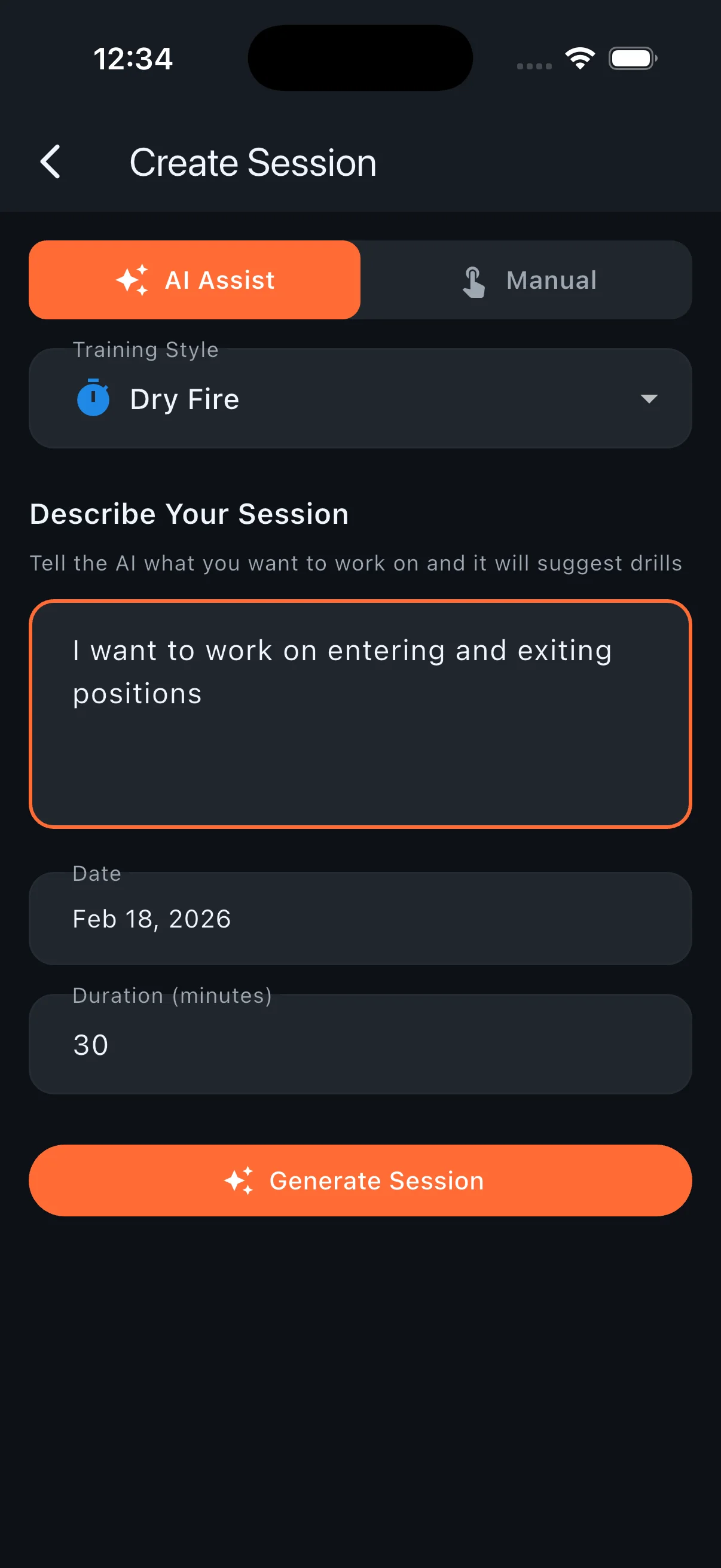 Ranger app Session Builder screen